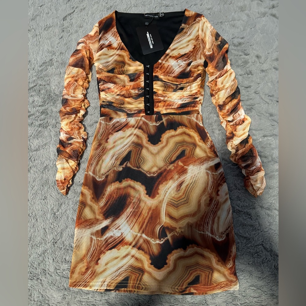 Brown Swirl Print Mesh Mini Dress